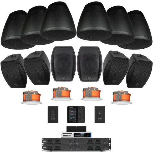 4-Zone Restaurant Speaker System with SoundTube Speakers, Power Amplifiers, Audio Processor, Wall Controller, Remote XLR, Bluetooth, and Wifi Streaming