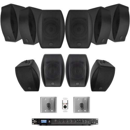 Restaurant Audio System with SoundTube Surface Mount Speakers, Weatherproof Speakers, Mixer Amplifier, Volume Controls, Wall Input, and Bluetooth Streaming