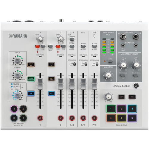 Yamaha AG08 8-Channel Live Streaming Mixer with USB Audio Interface and DSP Effects - White