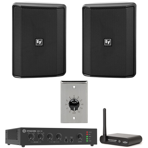 Cafe Audio System with Electro-Voice Surface Mount Speakers, Dynacord Mixer Amplifier, Bluetooth Audio Receiver, and Wall Volume Control