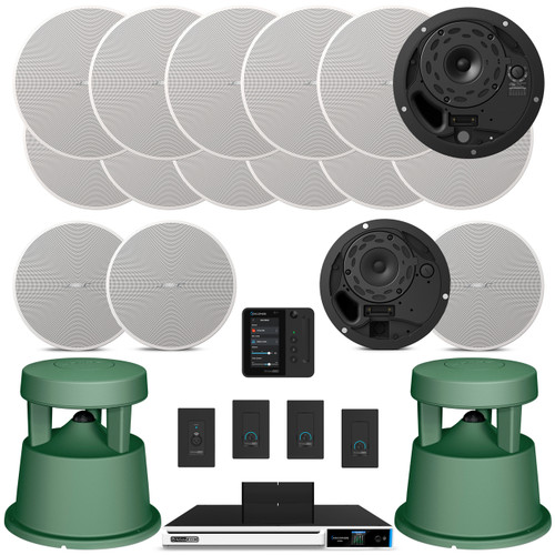 Multi-Zone Restaurant Sound System with 12 Bose Professional DesignMax Ceiling Speakers, 2 Landscape Speakers, Powered Zone Processor, Wall Control Panel, Remote XLR Input, Volume Controls, and WiFi Streaming