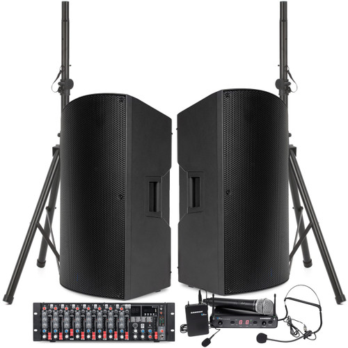 Portable Church PA System with 2 A115 15" Powered Speakers, MX9 9-Channel Mixer with Bluetooth and Effects, and Dual Wireless Microphone System