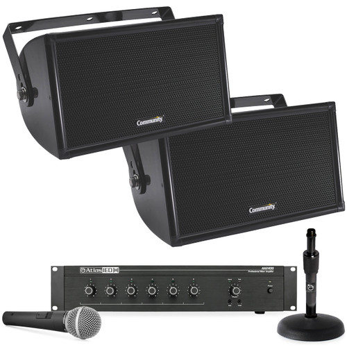 Public Address Sound System with 2 Community Indoor Outdoor Loudspeakers and AtlasIED Mixer Amplifier
