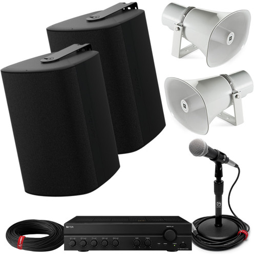 Baseball Field Sound System with 2 Biamp Stadium Speakers, 2 JBL Stadium Horns, Mixer Power Amplifier and Microphone