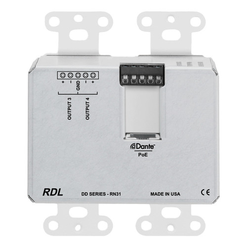 RDL DD-RN31 4x4 Wall-Mounted Bi-Directional Mic/Line Dante Network Interface with PoE - White