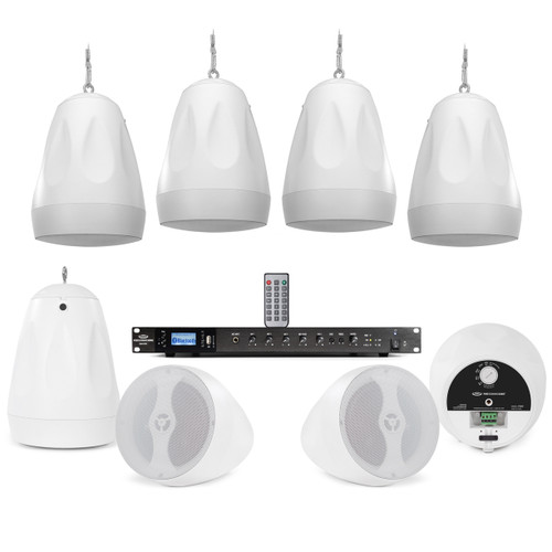 Sound System for Warehouse with 70V White Pendant Speakers and 350W Rackmount Mixer Amplifier