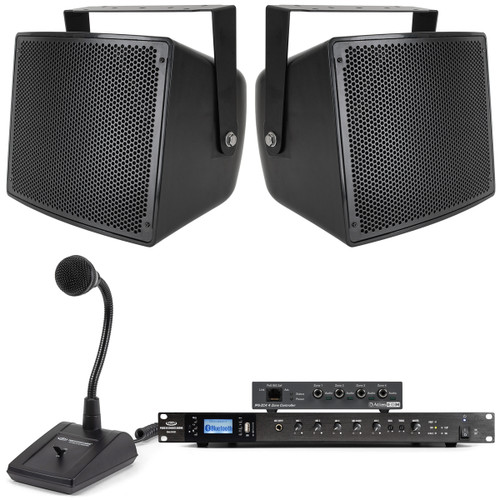 Warehouse Sound System with 2 S10 Outdoor Loudspeakers, RMA240BT Rack Mount Bluetooth Mixer Amplifier, Paging Server and Paging Microphone