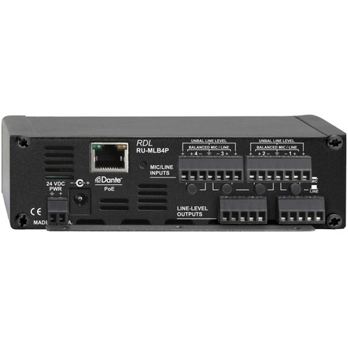 RDL RU-MLB4P 4x4 Mic/Line Bi-Directional Dante Network Interface with PoE