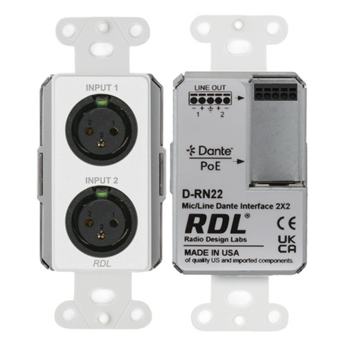 RDL D-RN22 2x2 Wall-Mounter Bi-Directional Dante Interface with XLR Mic and Line Inputs - White