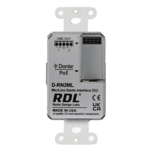 RDL D-RN2ML 2x2 Wall-Mounted Bi-Directional Dante Interface with Line-Level and Mini-Jack Inputs - White