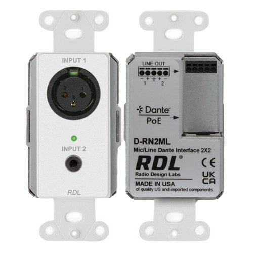 RDL D-RN2ML 2x2 Wall-Mounted Bi-Directional Dante Interface with Line-Level and Mini-Jack Inputs - White