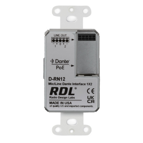 RDL D-RN12 1x2 Wall-Mounted Bi-Directional Dante Interface with XLR Mic Line Input and Dual Outputs - White