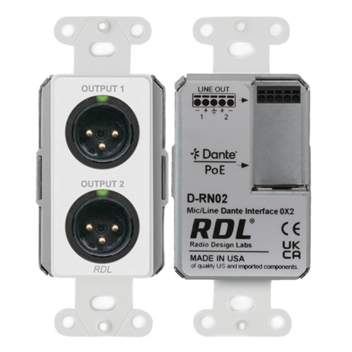 RDL D-RN02 0x2 Wall-Mounted Dante Interface with Dual XLR Mic Line Outputs - White