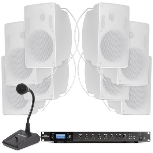 Warehouse Paging PA Sound System with 8 S6W 6.5" 70V Weather-Rated Speakers, RMA500BT 500W Rack Mount Mixer Amplifier and PTT1 Paging Microphone