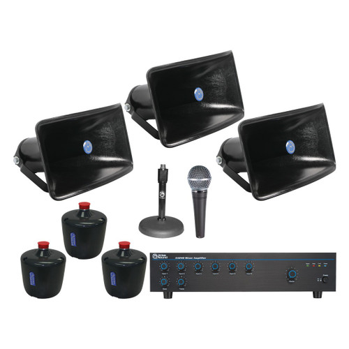 Public Address Sound System with 3 AtlasIED Wide Dispersion Reflex Sound Horns and Mixer Amplifier