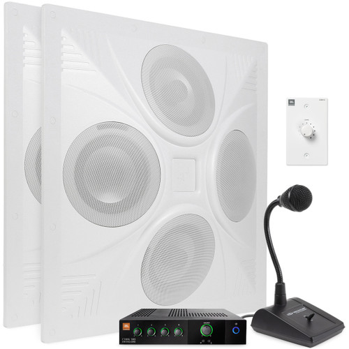Restaurant Sound System with 2 Ceiling Speakers JBL Mixer Amplifier and Paging Microphone