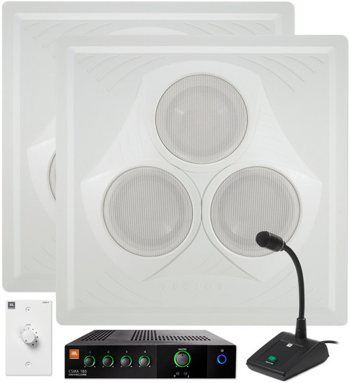 Retail Store Sound System with 2 Vector Ceiling Speakers JBL Mixer Amplifier and Paging Microphone
