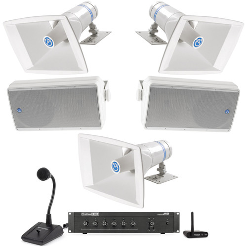 Public Address Sound System with 3 AtlasIED Paging Horns, 2 All-Weather Loudspeakers, Mixer Amplifier and Bluetooth Adapter