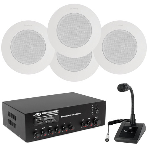 Retail Store Sound System with 4 Bosch LBC 3951/11 In-Ceiling Loudspeakers, Bluetooth Mixer Amplifier and Paging Mic (Discontinued Components)