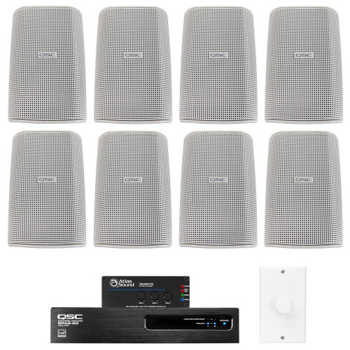 Restaurant Sound System with 8 QSC AcousticDesign Wall Mount Speakers Power Amplifier and Atlas Sound Mixer (Discontinued)