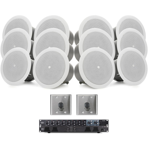 Bar and Restaurant Sound System with 12 Atlas Sound FAP42T In-Ceiling Speakers, 2 Zone 8-Channel Mixer and Dual-Impedance Power Amplifier (Discontinued Components)