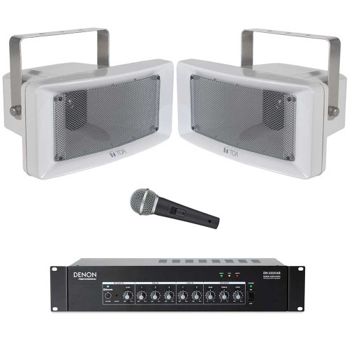 Public Address Sound System with 2 TOA CS-154 Outdoor Speakers Denon Bluetooth Mixer Amplifier and Microphone (Discontinued Components)
