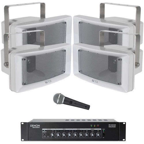 Public Address Sound System with 4 TOA CS-154 Outdoor Speakers Denon Bluetooth Mixer Amplifier and FREE Microphone