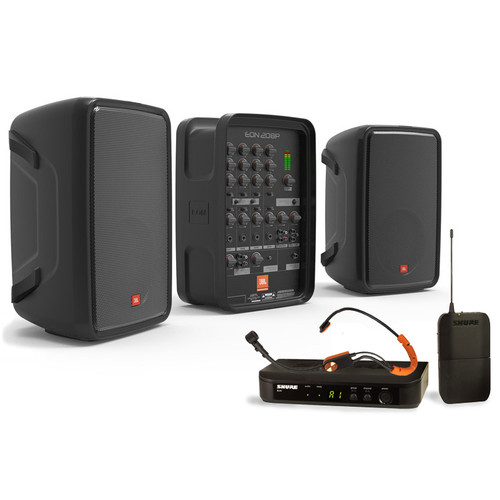 Portable Fitness Sound System with JBL EON208P Bluetooth PA and Shure Wireless Microphone System