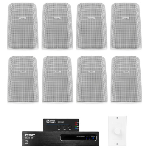 Retail Store Sound System with 8 QSC AcousticDesign Wall Mount Speakers Power Amplifier and Atlas Sound Mixer
