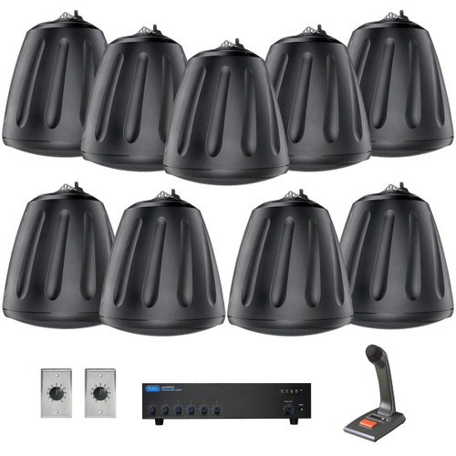 Open Ceiling Department Store 2-Zone Indoor Outdoor Sound System with 9 Pendant Speakers and Push-to-Talk Paging Microphone