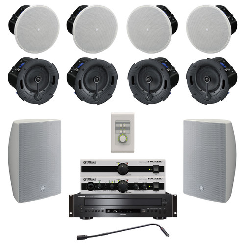 Small Conference Room Sound System with 8 Yamaha VXC and 2 VXS Series Speakers PA2030 Power Amplifier and MA2030 Mixer Amplifier (Discontinued Components)