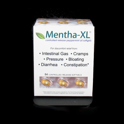 Mentha-XL contains 200 mg of pharmaceutical peppermint oil in an enteric-coated softgel to relieve the symptoms of IBS - intestinal gas, bowel pain, pressure, bloating, constipation and diarrhea