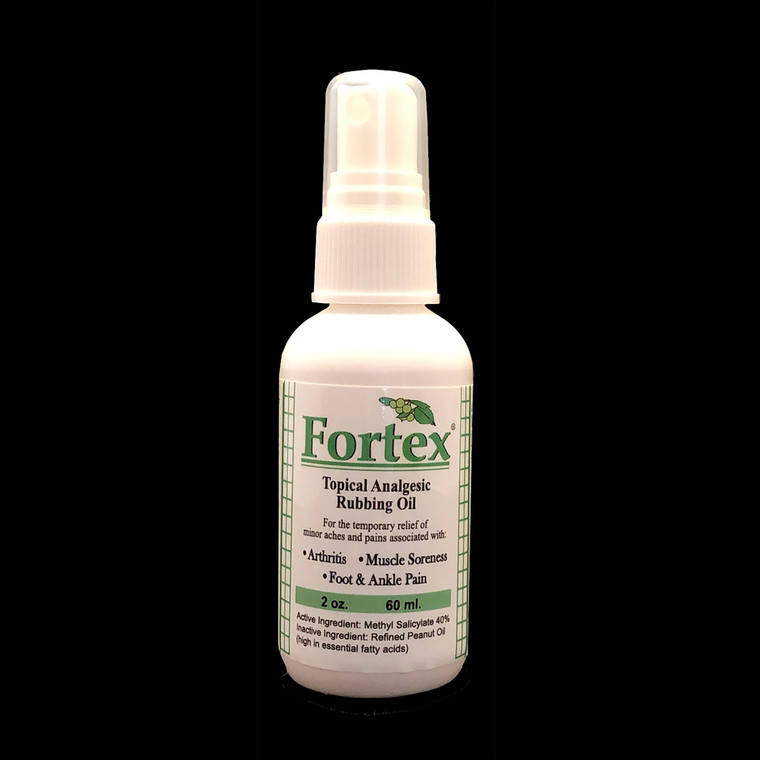 Fortex Rubbing Oil Spray Topical Analgesic contains 40% methyl salicylate and relieves the pain associated with Arthritis, Muscle Soreness, Plantar Fasciitis, and Backaches