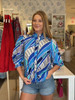 Trim Button Front Blouse- Blue Wave Geo