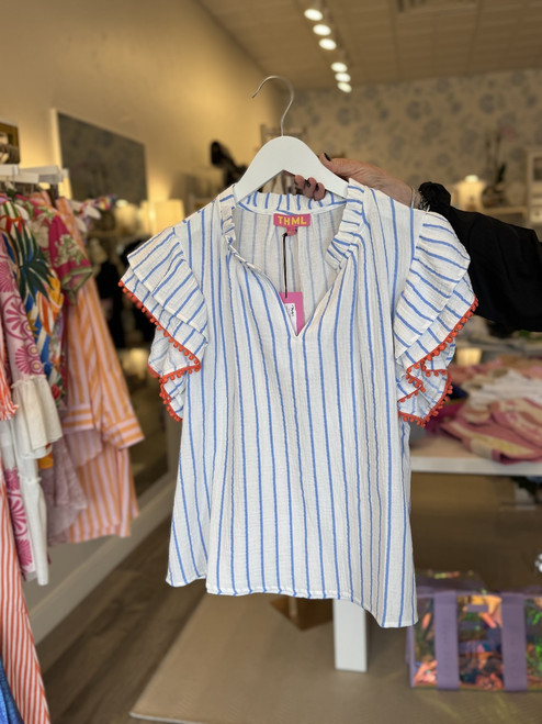 Flutter Sleeve Striped Top- Light Blue