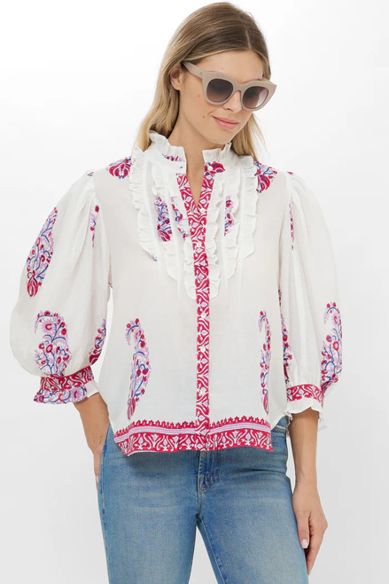 Ruffle Front Button Blouse- Verna Red Ruffle Front Button Blouse- Verna Red