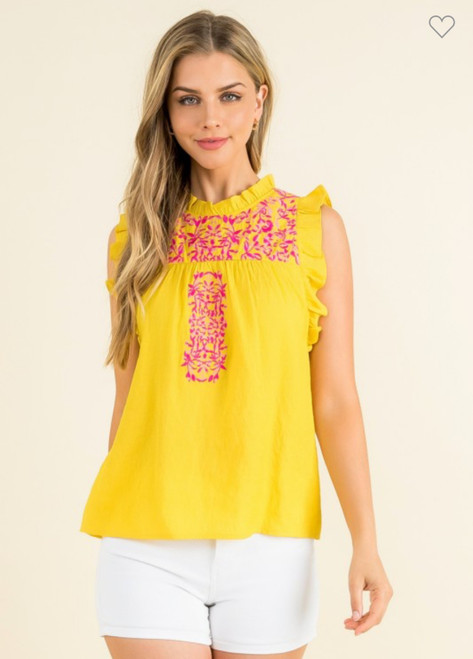 Embroidered Ruffle Sleeve Top- Yellow