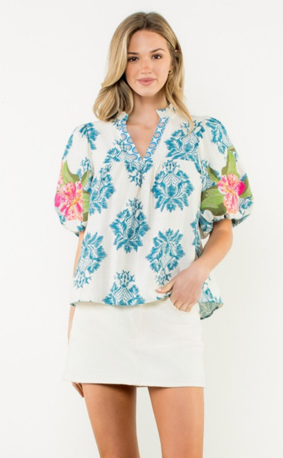 Embroidered Puff Sleeve Notch  Neck Top- Blue