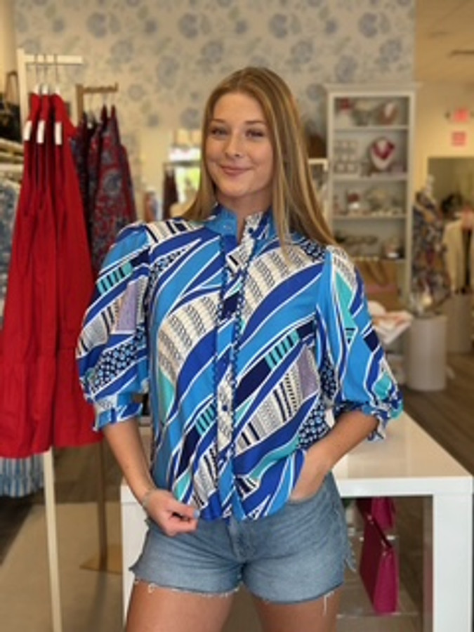 Trim Button Front Blouse- Blue Wave Geo