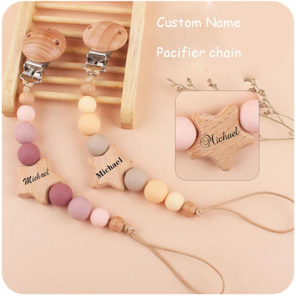 Custom Name Wooden Personalized Baby Pacifier Chain Silicone Bead