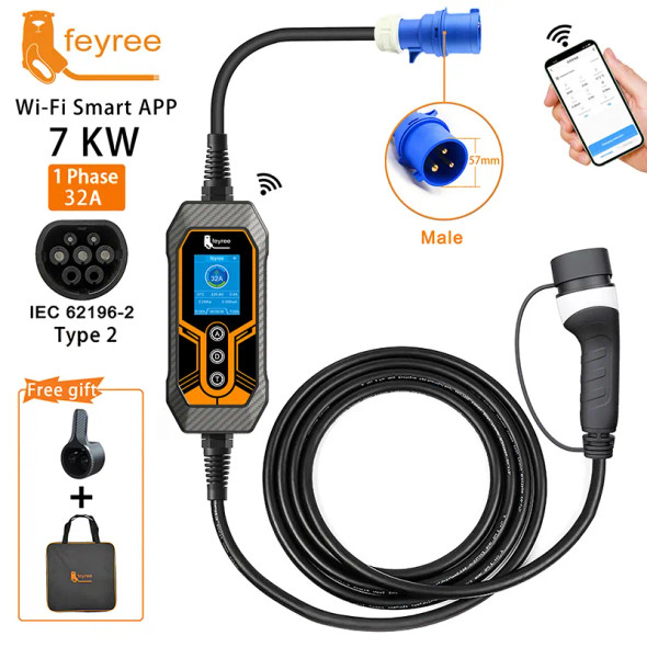 feyree Portable EV Charger Type2 32A 7KW EVSE Wi-Fi APP Control