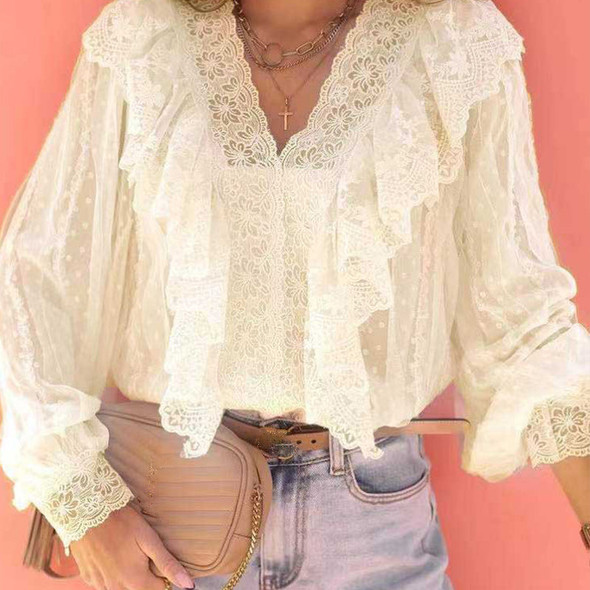 Sexy V Neck Office Lace Blouse Ruffle Tops