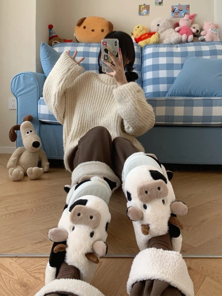 Couples Cute Cow Cotton Slippers For Winter Men And Women Home Slipper