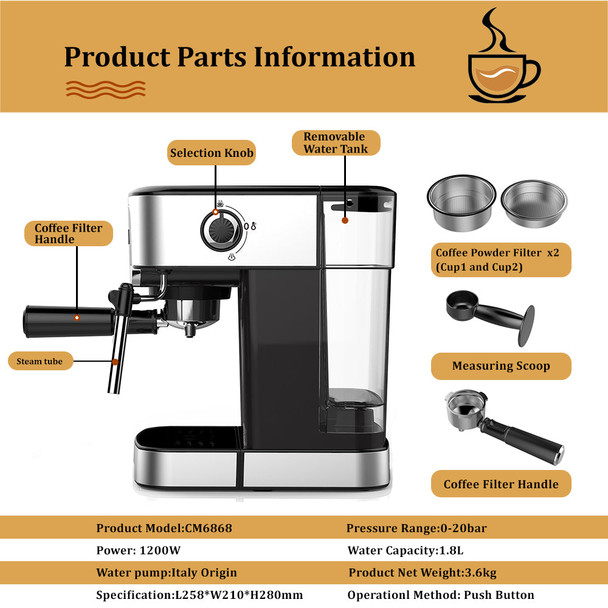 1200W 20 Bar Espresso Coffee Machine Instant Preheat Coffee Maker with