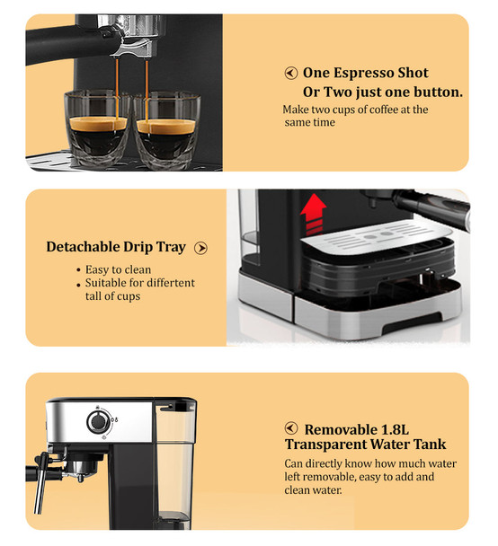 1200W 20 Bar Espresso Coffee Machine Instant Preheat Coffee Maker with