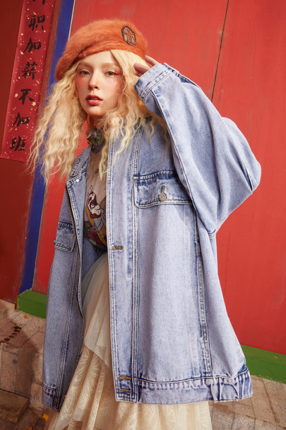 Cartoon Print Single Breasted Oversize Women Denim Jacket,Spring ELF