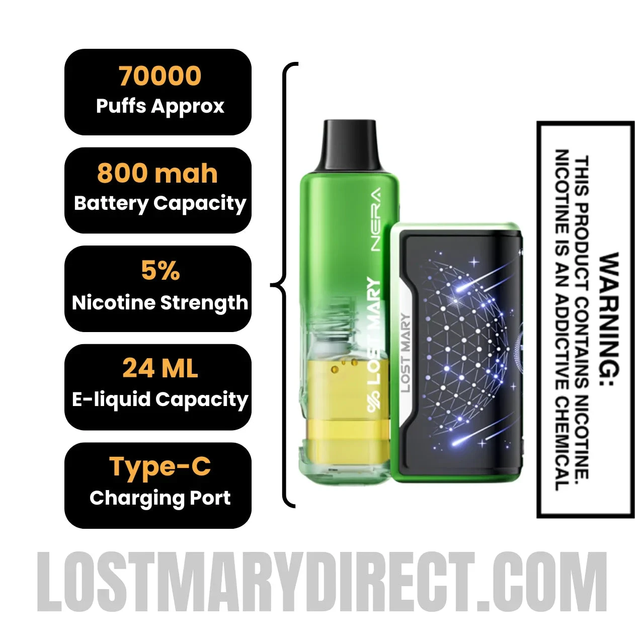 Sour Apple Ice Lost Mary Nera Fullview 70K Vape Kit with Specification