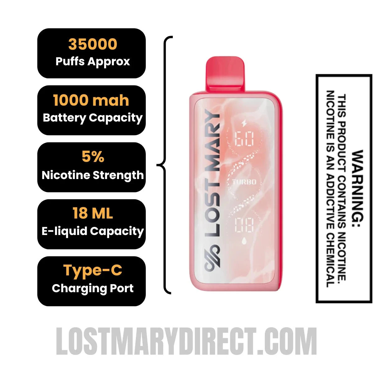 Strawberry Dragon Lemonade Lost Mary MT35000 Turbo Vape Specification