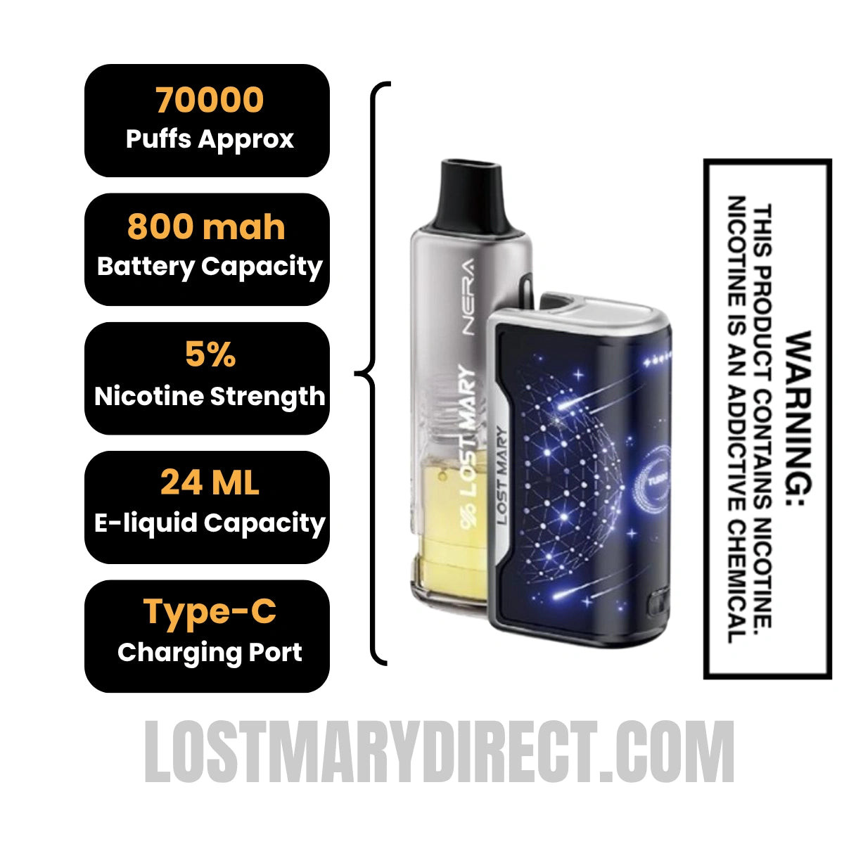 Scary Berry & Golden Berry Lost Mary Nera Fullview 70K Disposable Vape Kit Specifications
