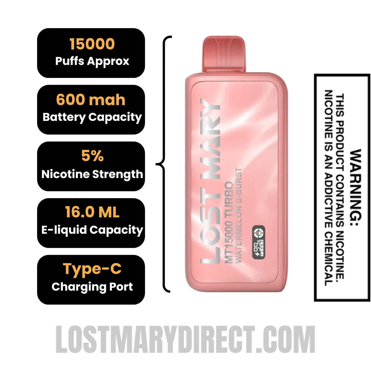 Watermelon B-Burst Lost Mary MT15000 Turbo Vape Specifications